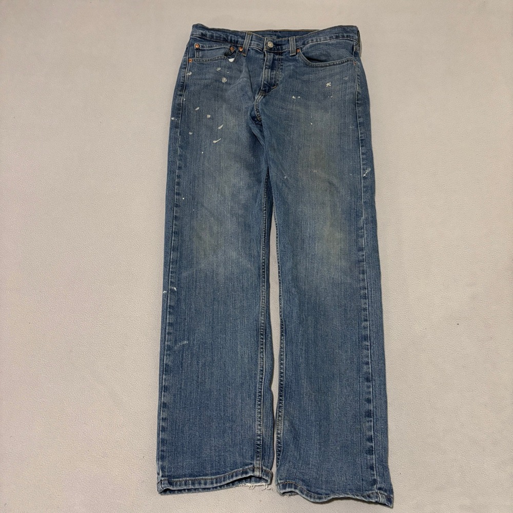 Levis 505 Regular Fit Straight Leg Blue Distressed Jeans Mens 34x32 Paint Splash
